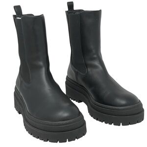 Good American | Black Leather Pull On Platform Lug Sole Boots New